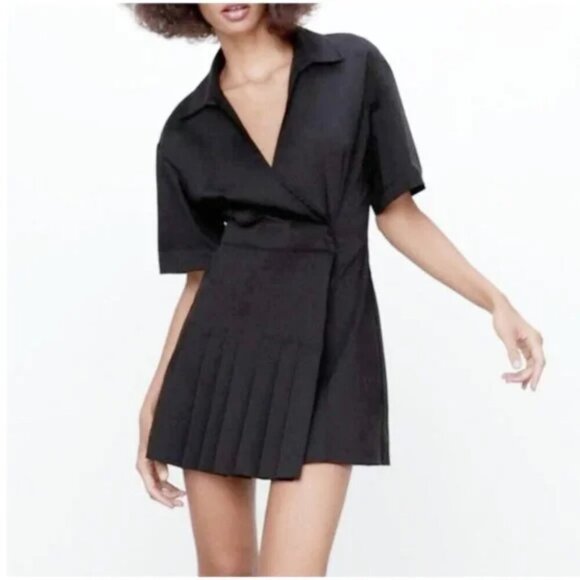 Zara Stretch Poplin Short Sleeve Pleated Tennis Mini Dress NWT Black Sz Medium - Picture 3 of 9